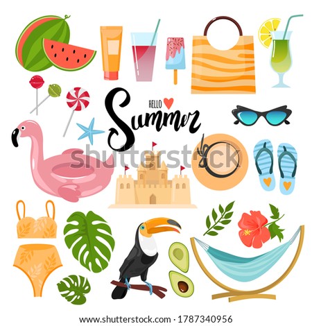 Set of decorative elements on the summer theme. Suitable for creating stickers, postcards, brochures and more. Bright lettering hello summer. Isolated on white background. Vector stock illustration.
