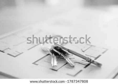 Black and White Photo of house keys on property floor plans