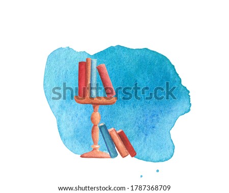 Book pile on wooden table watercolor illustration on white background. Many books on table. Elegant living room interior detail. Book table on watercolour blot background. Bookmate card template