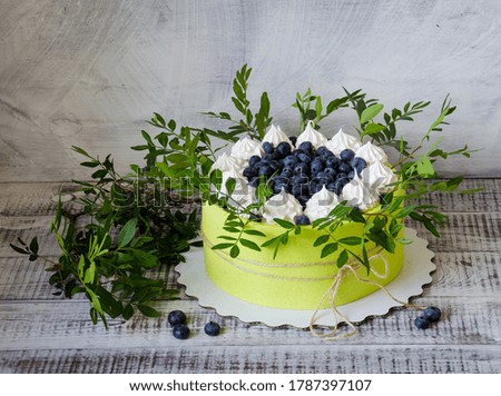 Green Cream cheese cake with blueberries, marshmallow and pistachio