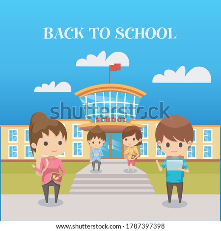 illustration chibi for back to school carrying a bag. cute chibi children's cartoon. cartoon Children's daily fun activity. Vector children are in front of the school.
