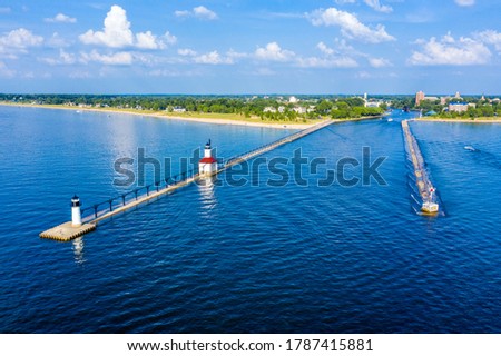 Aerial view of the St. Joseph North and South Pier Lighthouses on Lake Michigan Royalty-Free Stock Photo #1787415881