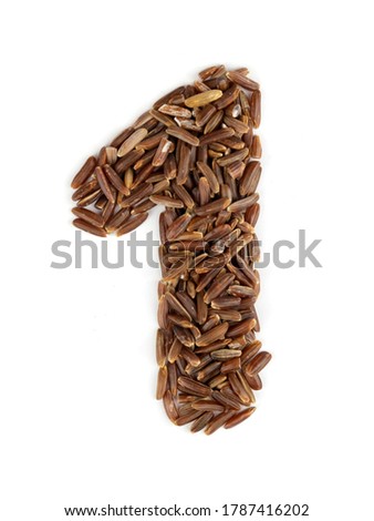 Arabic numeral 1 of brown rice grains on an isolated white background.