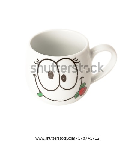 Mug with a cheerful, funny pictures isolated on white background.