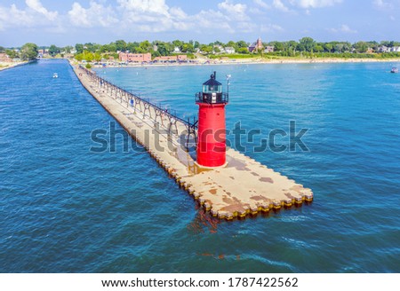 Aerial view of the South Haven Lighthouse on Lake Michigan; South Haven, Michigan Royalty-Free Stock Photo #1787422562