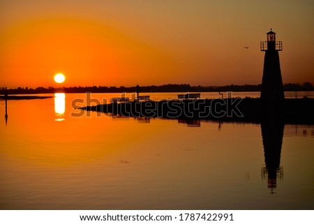 multiple pictures of a sunset at a lighthouse, creating a beautiful silhouette reflection, a close up of a bright sunflower. 
