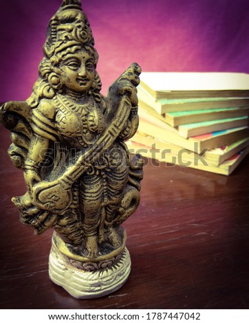 Saraswati Devi with books in the background.
The background is intentionally blurred .
