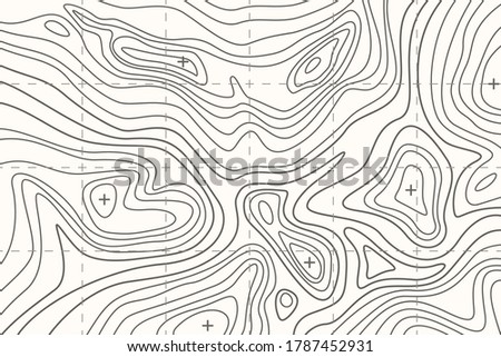 Topographic map or sheet with contours, relief, features, mountain texture and grid. Background for cartographical, topographical, geographical projects. Vector landscape illustration. Royalty-Free Stock Photo #1787452931