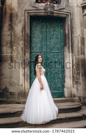 Outdoors portrait of beautiful young bride in luxurious white dress over old door on background