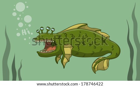 Big water monster searching friends. Vector Illustration.