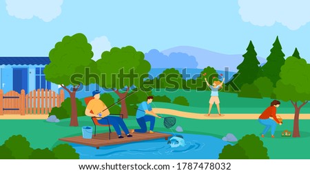 Summer outdoor activity flat vector illustration. Cartoon active family or friends characters spend time in nature together, fish in lake, pick mushrooms, summertime weekend adventure background