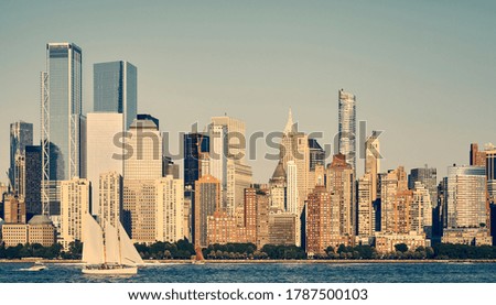Panoramic view of New York City skyline, color toned picture, USA.