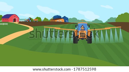 Farming agriculture vector illustration. Cartoon flat agricultural agrarian sprinkler tractor watering organic farm field, green countryside farmland landscape, water sprinkling technology background Royalty-Free Stock Photo #1787512598