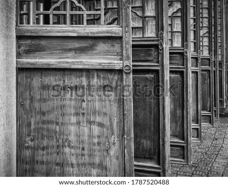 Wooden shutters Open no person black and white