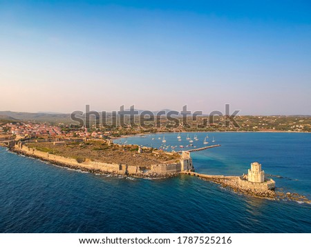 Aerial view of Methoni Castle and the fortified city. Its one of the most important and the biggest in castle in Mediterranean sea, a must-visit place in Greece located in Methoni, Messenia, Greece