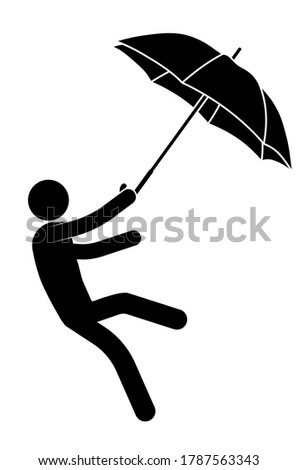 stick man, person with an umbrella is carried by a strong wind, he cannot stay on his feet. Health protection in bad rainy weather. Vector on white background