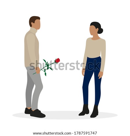 Male character with rose in hand and female character together on white background