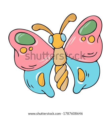 Cute colorful hand drawn black outline cartoon vector butterfly illustration isolated on a white backgriound. Little princess doodle concept. 
