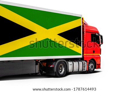 Big  truck with the national flag of  Jamaica on white isolated background, side view. Concept of export-import,transportation, national delivery of goods