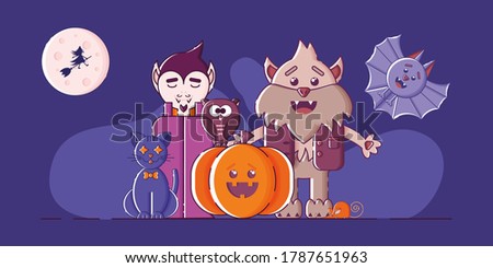 Cute horizontal Halloween banner with witch in the full moon, cat, vampire, owl, pumpkin, werewolf, bat. Funny characters. Violet background. Flat linear style illustration.