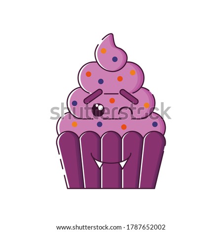 Cute isolated winking cupcake with confetti and fangs. Sticker, patch, badge, pin or tattoo. White background. Flat linear style illustration.