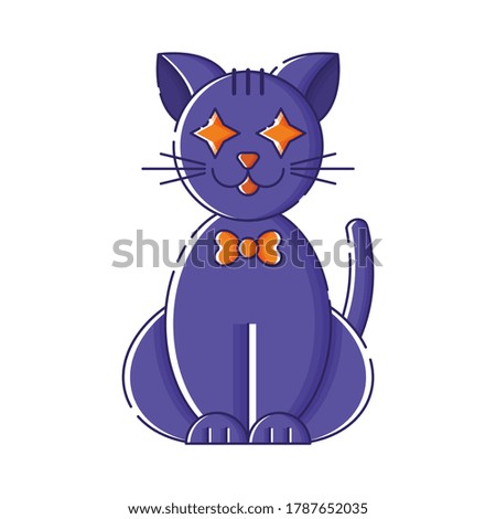 Cute isolated violet cat with star eyes in a bow tie. Sticker, patch, badge, pin or tattoo. White background. Flat linear style illustration.