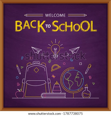 Back to school creative design concept-purple board with school education elements-line objects-bag-globe-pencil-thinking bulb-modern simple design