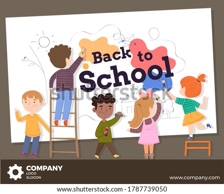 Back to school with carton children design concept-students writing and painting on the board-girls and boys characters 