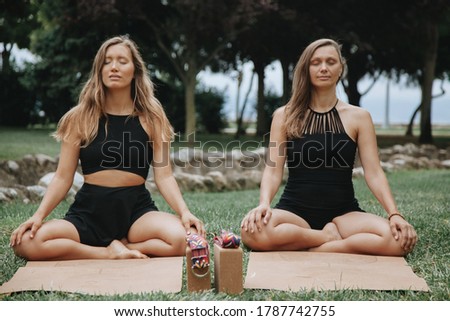 Young women practicing yoga in the park sitting on the mats on the lawn with eyes closed. Yoga in the park concept. Training concept