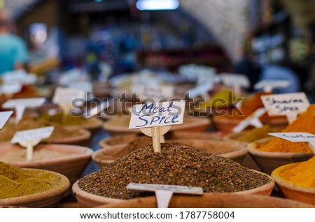 Dish with Hot Meat Seasoning and Sign Meat Spice, at the Spice Shop at the Oriental Bazaar in Jerusalem