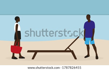 Black male and female characters on the beach by the sun lounger