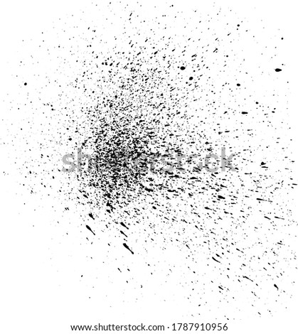 Close up many black paint or ink drop splat stains, spray or spill, isolated on white background