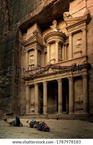 Wanderlust. Jordan, Petra. The ancient city of roses. World Heritage. Popular tourist destination. The door of Kazny temple. Camels for tourists to take pictures.