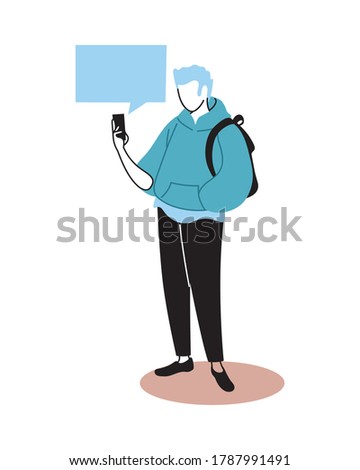 man sending message from his cell phone vector illustration design