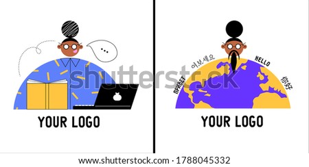 Set of logo for the language school. Funny wise old man, girl with laptop and planet Earth with different languages. Nice vector bright illustration in cartoon style. Visual metaphor about education.