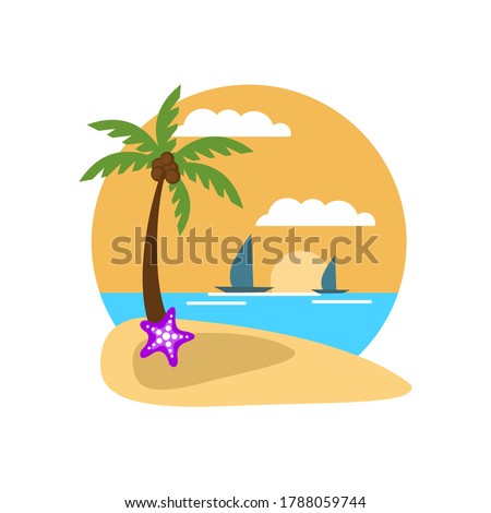 Sunset on a Beach Scene with Coconut Tree and Sailing Boat Flat Icon Illustration