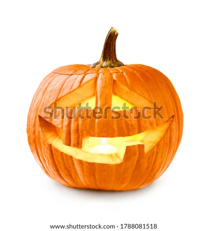 Glowing Halloween Pumpkin isolated on white background. Jack O’ Lantern.