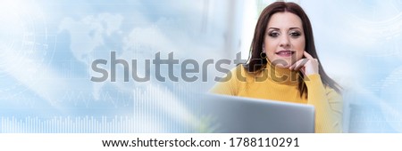Portrait of young businesswoman working from home; panoramic banner