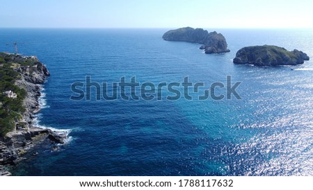 Aerial view of the Malgrats Islands from the Island of Mallorca with waves from the Mediterranean Sea. Balearic Islands, Spain