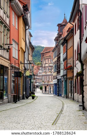 a street of a medieval European city with half-timbered architecture Royalty-Free Stock Photo #1788128624