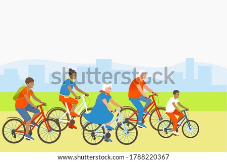 Mom, son, dad and grandparents are actively spending summer vacations. Family rides bicycles in a park outside the city.  Happy family sport activity. Flat vector cartoon illustration.
