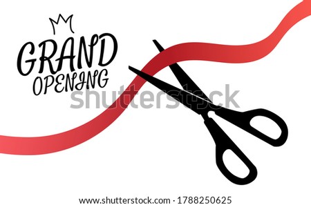 Black scissors cutting the red ribbon. Mockup for announcement. Icon isolated on white background. Vector illustration EPS10