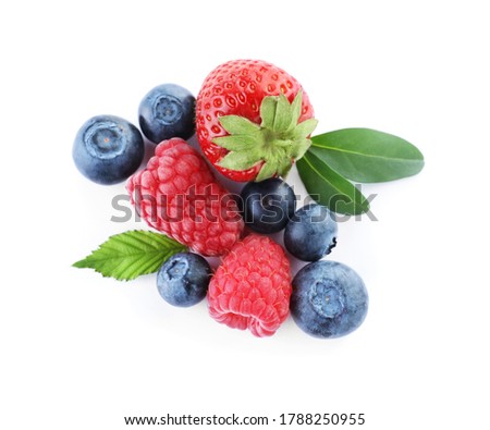 Pile of different ripe tasty berries with green leaves isolated on white, top view Royalty-Free Stock Photo #1788250955