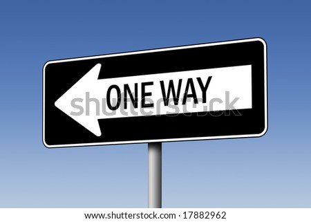 One-way sign against blue sky