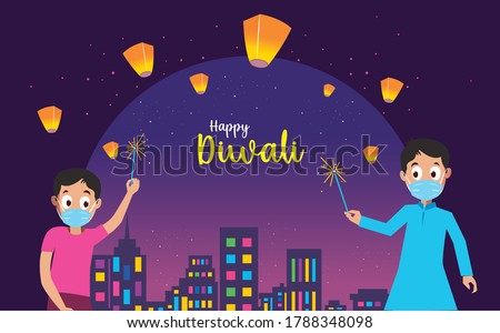 Two children are enjoying the Diwali festival & wearing masks on their faces. Covid-19 effect concept. vector illustration