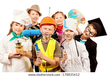 A group of children dressed in costumes of different professions. Isolated over white. Royalty-Free Stock Photo #178835612