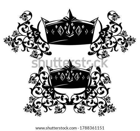 king crown among rose flowers - heraldic royal emblem black and white vector design set