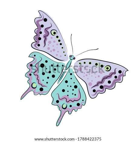 Hand drawn moth and butterflies. pastel colored vector illustration. Lilac, purple, pink, cyan and turquoise color with black lines and dots. Elements isolated.