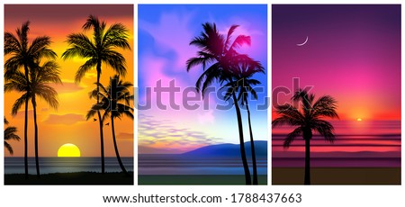 Summer tropical beach backgrounds set N4 with palms, sky sunrise and sunset. Summer party placard poster flyer invitation card. Summertime, vector illustration. Royalty-Free Stock Photo #1788437663