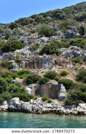 Ancient sunken city in Kekova, Kas, Antalya, Turkey. Pirate's Cave 